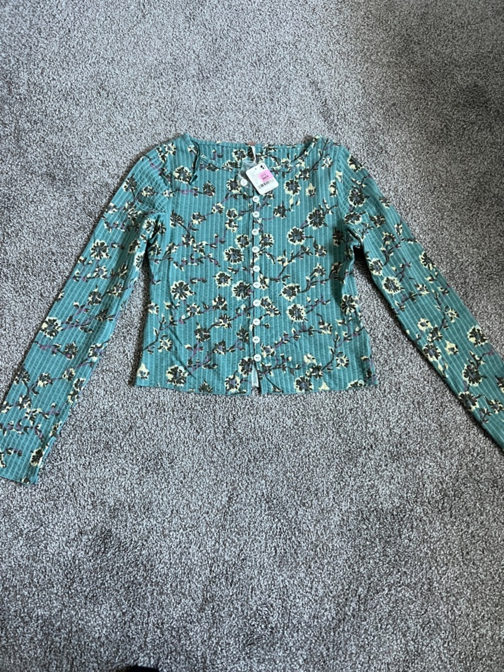 Free People Teal Floral Ribbed Button-Front Top
